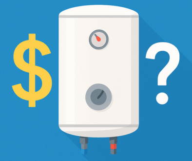 A graphic showing a dollar sign, a hot water system, and a question mark representing the cost of hot water system replacement